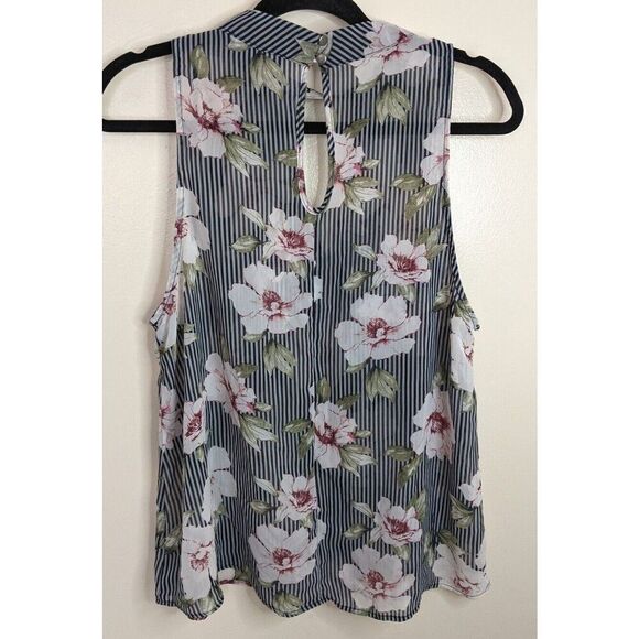 Cleo Striped Floral Sheer Sleeveless Lightweight Keyhole Top Size Large - Picture 2 of 6